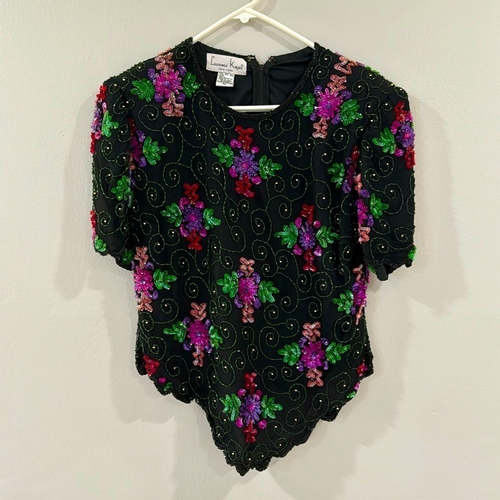 Vintage floral beaded Laurence Kazar silk blouse